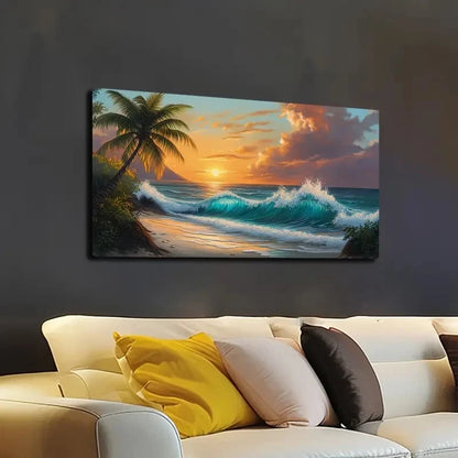 Tropical Beach Scene with Palm Wall Art canvas office home room framed 120x60cm - Bella Home Decor