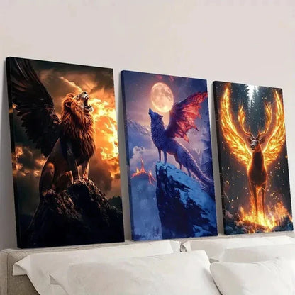 3pcs Griffons Flying Wolves and Fiery Deer Wall Art Set Canvas Unframed - High Quality Print 100% Australian Made Wall Canvas