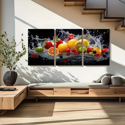 3pcs Vibrant Fruits, Water Splash Modern Paint  Wall Art Set Canvas Framed 60x90cm - High Quality Print 100% Australian Made Wall Canvas Ready to Hang - Bella Home Decor