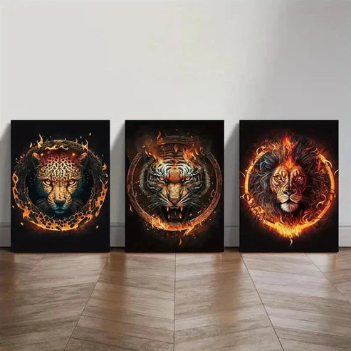 3pcs Fire Leopard Head And Tiger Lion Wall Art Canvas Unframed - High Quality Print 100% Australian Made Wall Canvas