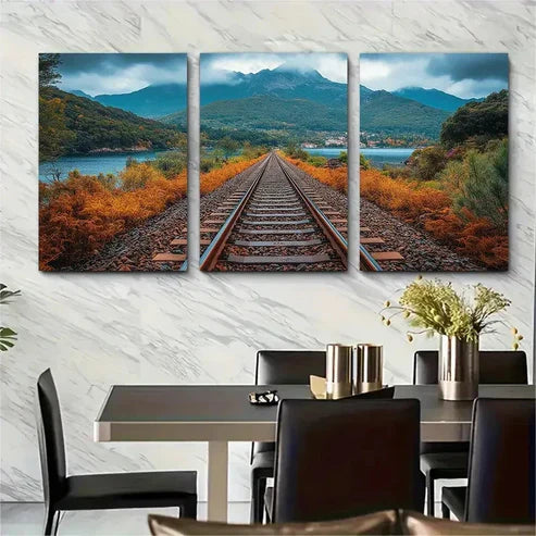3pcs Train Tracks Through Autumn Lands Perfect Wall Art Set Canvas Unframed - High Quality Print 100% Australian Made Wall Canvas