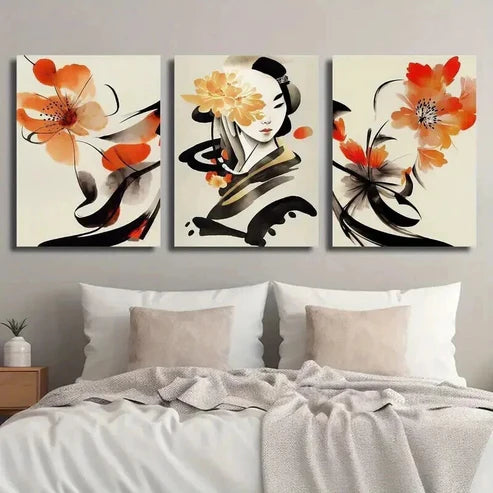 3pcs Ancient Style Woman and Flowers Wall Art Set Canvas Unframed - High Quality Print 100% Australian Made Wall Canvas - Bella Home Decor