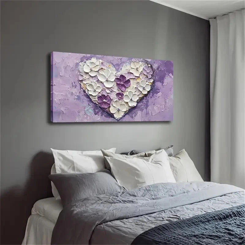 Heart-shaped floral artwork on a purple background above a bed with gray bedding.