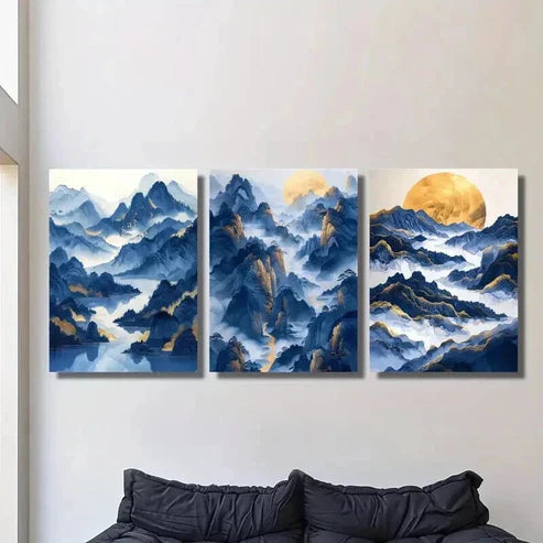 3pcs Mountains River and Golden Moon  Wall Art Set Canvas Unframed - High Quality Print 100% Australian Made Wall Canvas