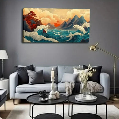 Tide Waves & Mountain Landscape Wall Art Canvas Office Home Room Framed 120x60cm