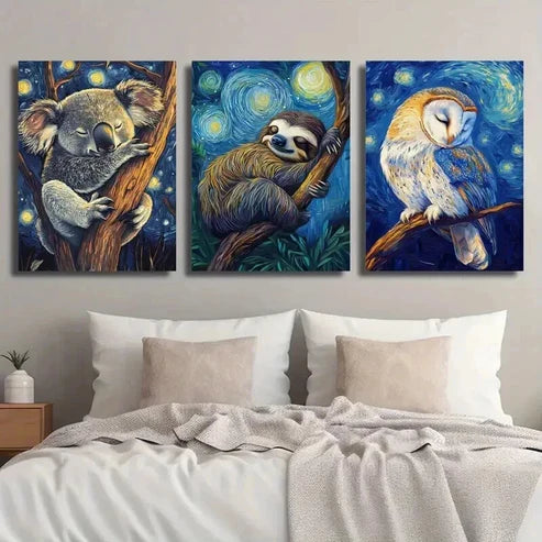 3pcs Koala Sloth Owl Sleeping in Starry Night  Wall Art Set Canvas Unframed - High Quality Print 100% Australian Made Wall Canvas