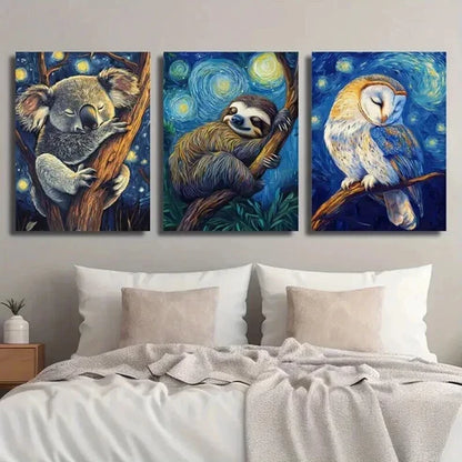 3pcs Koala Sloth Owl Sleeping in Starry Night  Wall Art Set Canvas Unframed - High Quality Print 100% Australian Made Wall Canvas