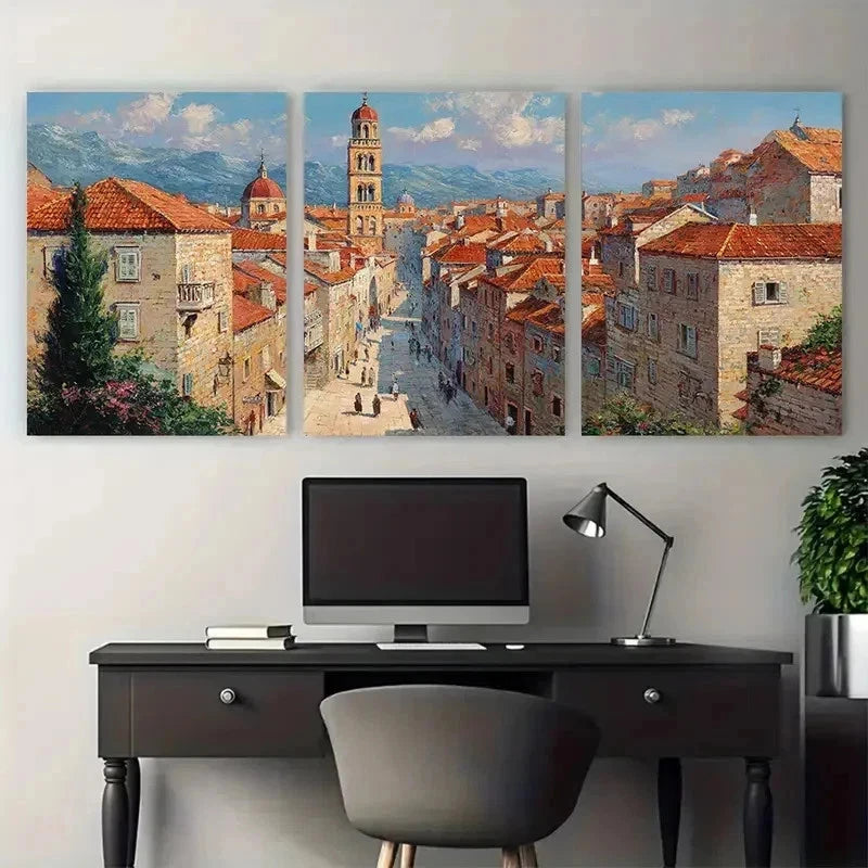 3pcs Old Italian Street in Korcula Perfect Wall Art Set Canvas Framed 50x70cm - High Quality Print 100% Australian Made Wall Canvas Ready to Hang