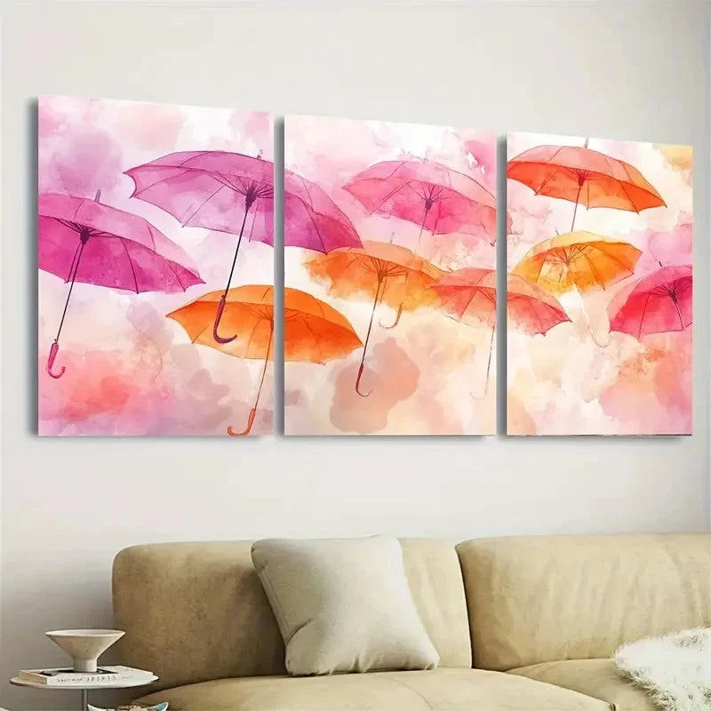 3pcs Vibrant Pink & Orange Umbrellas Wall Art Set Canvas Framed 60x90cm - High Quality Print 100% Australian Made Wall Canvas Ready to Hang - Bella Home Decor