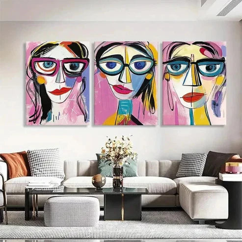 3pcs Colorful Faces Glasses Geometric Perfect Wall Art Set Canvas Unframed - High Quality Print 100% Australian Made Wall Canvas