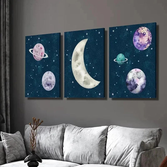 3pcs Galaxy Space Planet Moon & Stars Wall Art Set Canvas Framed 40x60cm - High Quality Print 100% Australian Made Wall Canvas Ready to Hang