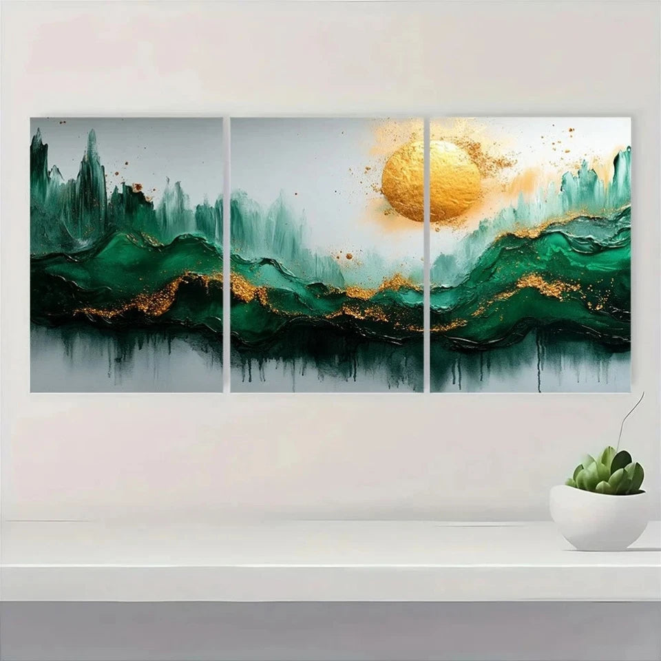 3pcs Green And Silvery Golden Leaf Splashes Metal Print Ready to Hang Art