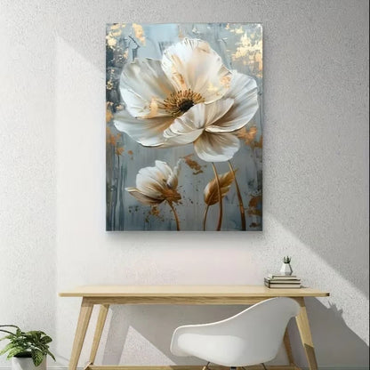 White Floral with Golden Accents European Style Metal Print Ready to Hang