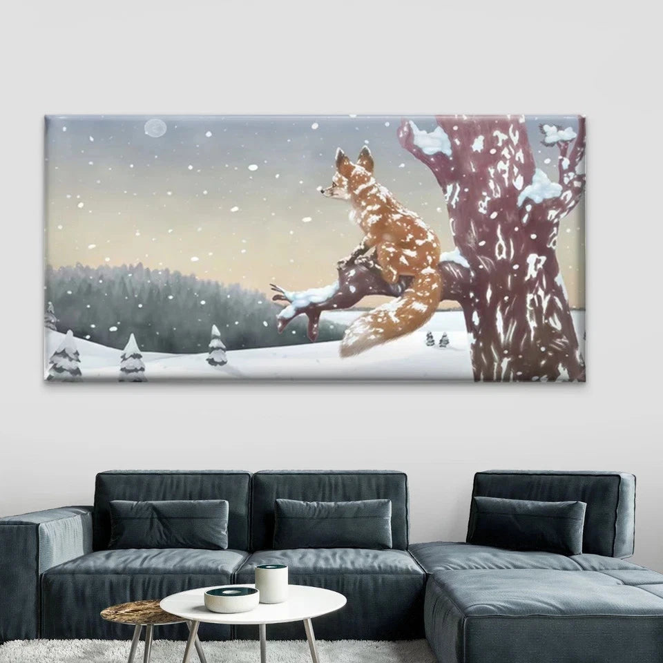 Classic Fox in Snowy Forest Wall Art Canvas Office Home Room Framed 120x60cm