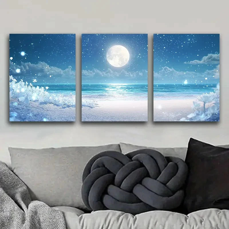 3pcs Beach Walk Painting Full Moon Metal Print Ready to Hang Art - Bella Home Decor