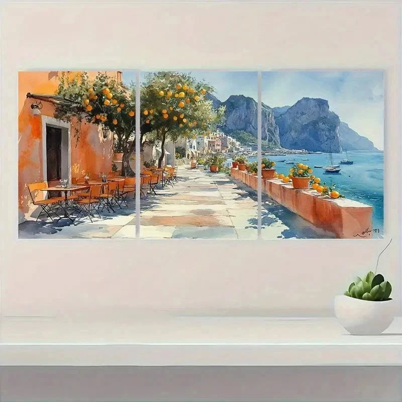 3pcs Italian Cityscape Lemon Tree Perfect Wall Art Set Canvas Framed 50x70cm - High Quality Print 100% Australian Made Wall Canvas Ready to Hang