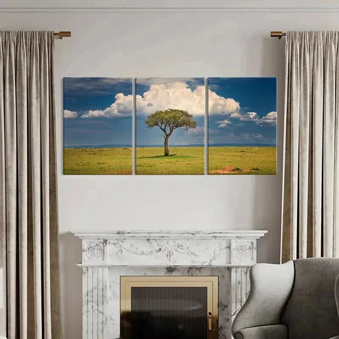 3pcs Blue Sky White Clouds Grassland & Tree Wall Art Canvas Unframed - High Quality Print 100% Australian Made Wall Canvas - Bella Home Decor
