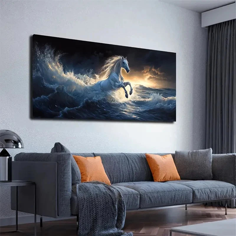 Realistic Galloping White Wall Art canvas office home room framed 120x60cm