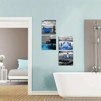 4pcs Black And White Blue Ocean Beach Coastal Wall Art Canvas Framed