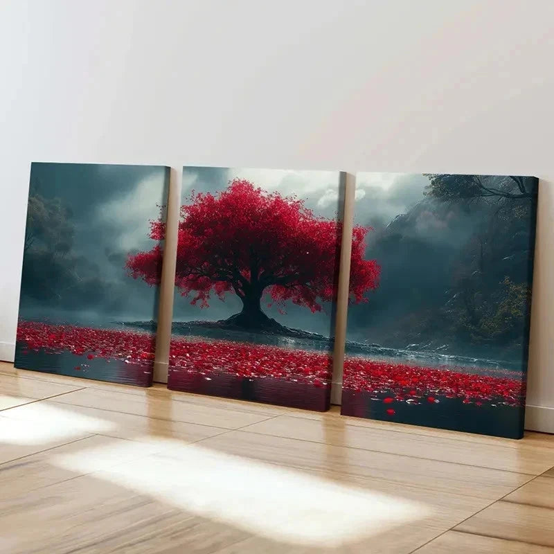 3pcs Fantasy Natural Landscape Art Red Tree Wall Art Set Canvas Framed 50x70cm - High Quality Print 100% Australian Made Wall Canvas Ready to Hang
