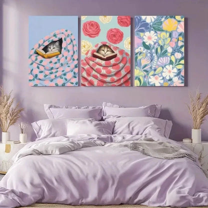 3pcs  Whimsical Cat & Floral Cozy Bedding & Decor Metal Print Ready to Hang Art - Bella Home Decor