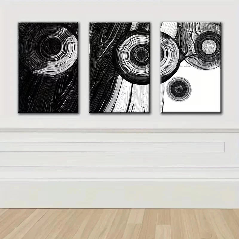 3pcs Black and white Abstract Wood Ring Metal Print Ready to Hang Art - Bella Home Decor