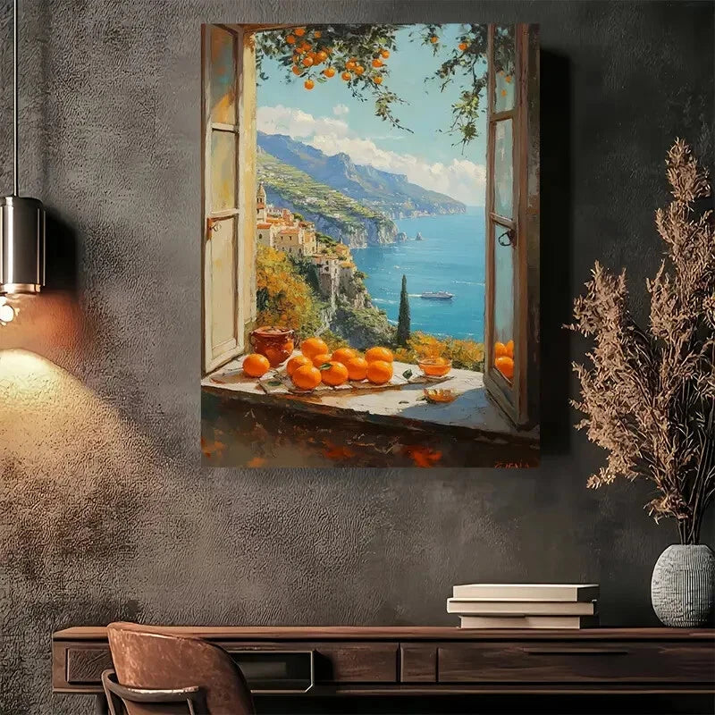 Beautiful Seaside Orange Grove Window Painting 40x60cm Metal Print Ready to Hang - Bella Home Decor