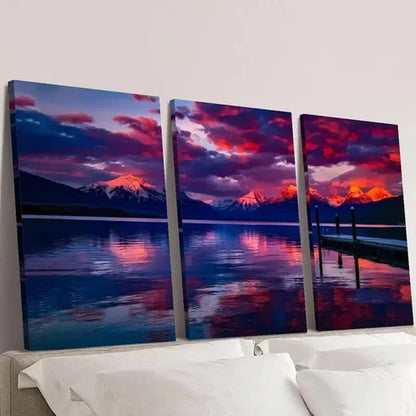 3pcs Lake and Snow Capped Mountains at Sunset Wall Art Set Canvas Unframed - High Quality Print 100% Australian Made Wall Canvas
