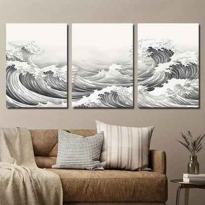 3pcs Black and White Japanese Ocean Wave Wall Art Set Canvas Unframed - High Quality Print 100% Australian Made Wall Canvas - Bella Home Decor