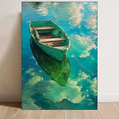 Emerald Escape: Tranquil Green Boat 60x90cm Metal Print Ready to Hang