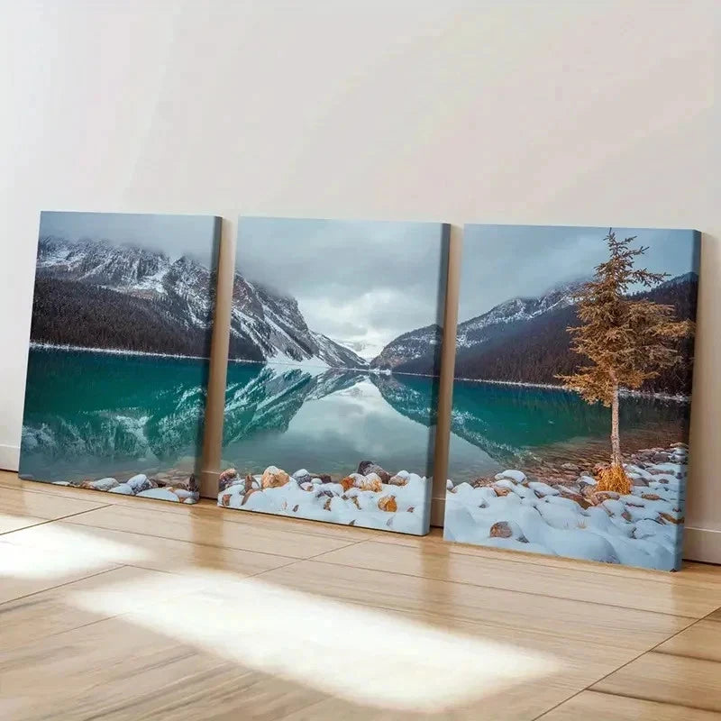 3pcs Snow Mountain Tree and Lake Modern Wall Art Set Canvas Framed 60x90cm - High Quality Print 100% Australian Made Wall Canvas Ready to Hang - Bella Home Decor