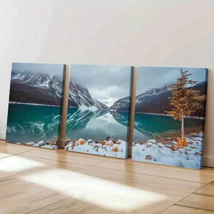 3pcs Snow Mountain Tree and Lake Modern Wall Art Set Canvas Framed 60x90cm - High Quality Print 100% Australian Made Wall Canvas Ready to Hang - Bella Home Decor
