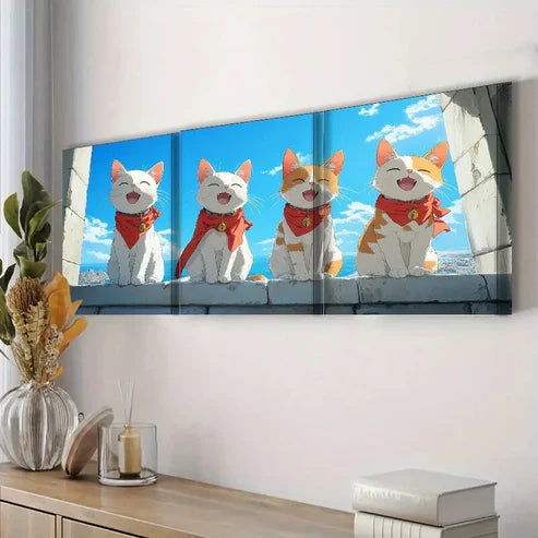 3pcs Charming White Cat Cute Blue Sky Perfect Wall Art Set Canvas Unframed - High Quality Print 100% Australian Made Wall Canvas - Bella Home Decor
