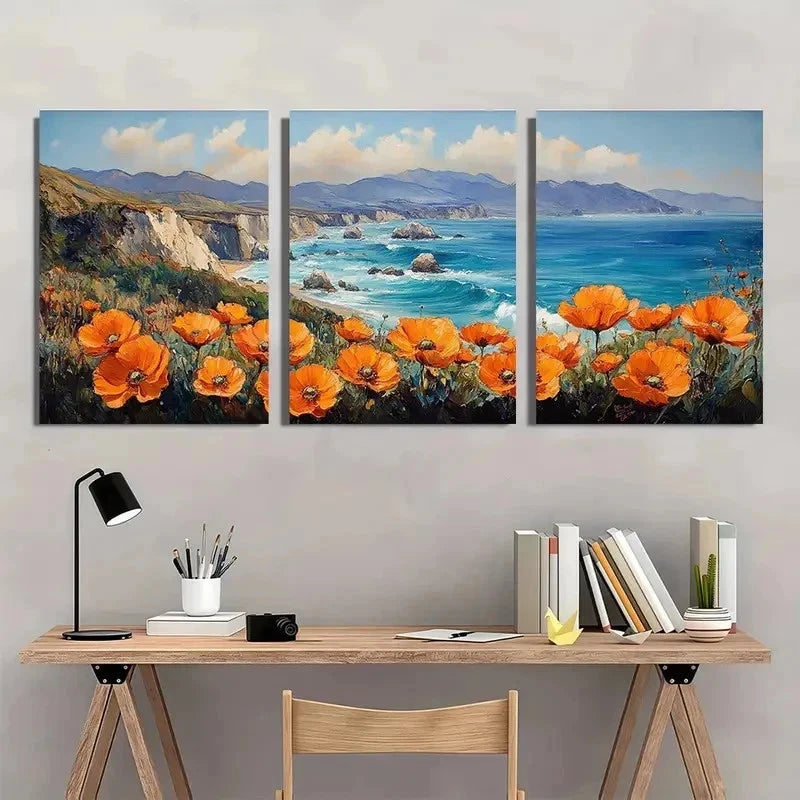 3pcs California Poppy & Big Sur Coast Perfect Wall Art Set Canvas Framed 40x60cm - High Quality Print 100% Australian Made Wall Canvas Ready to Hang - Bella Home Decor