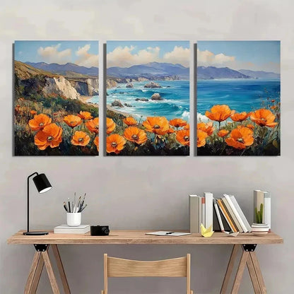 3pcs California Poppy & Big Sur Coast Perfect Wall Art Set Canvas Framed 40x60cm - High Quality Print 100% Australian Made Wall Canvas Ready to Hang - Bella Home Decor