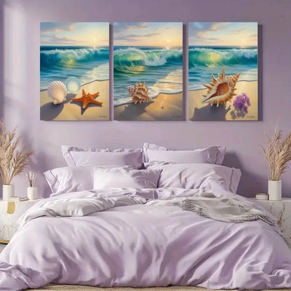 3pcs Seashells, Starfish, Ocean Waves   Wall Art Set Canvas Framed 50x70cm - High Quality Print 100% Australian Made Wall Canvas Ready to Hang