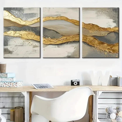 3pcs Featuring Luxurious Golden Abstract Perfect Wall Art Set Canvas Framed 60x90cm - High Quality Print 100% Australian Made Wall Canvas Ready to Hang - Bella Home Decor