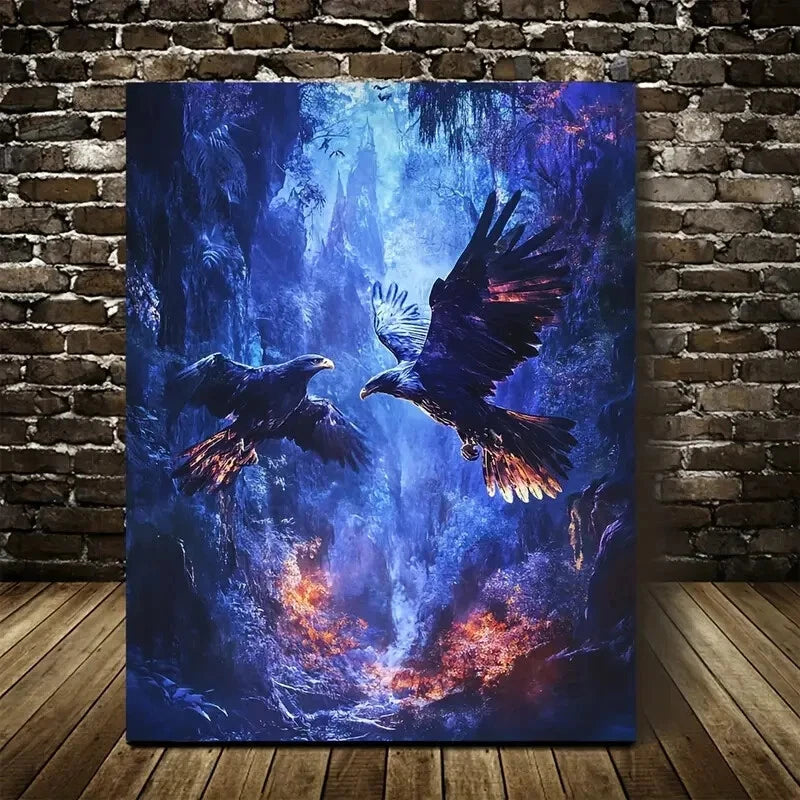 Fantasy Eagles in Neon Jungle Scene Painting 40x60cm Metal Print Ready to Hang - Bella Home Decor