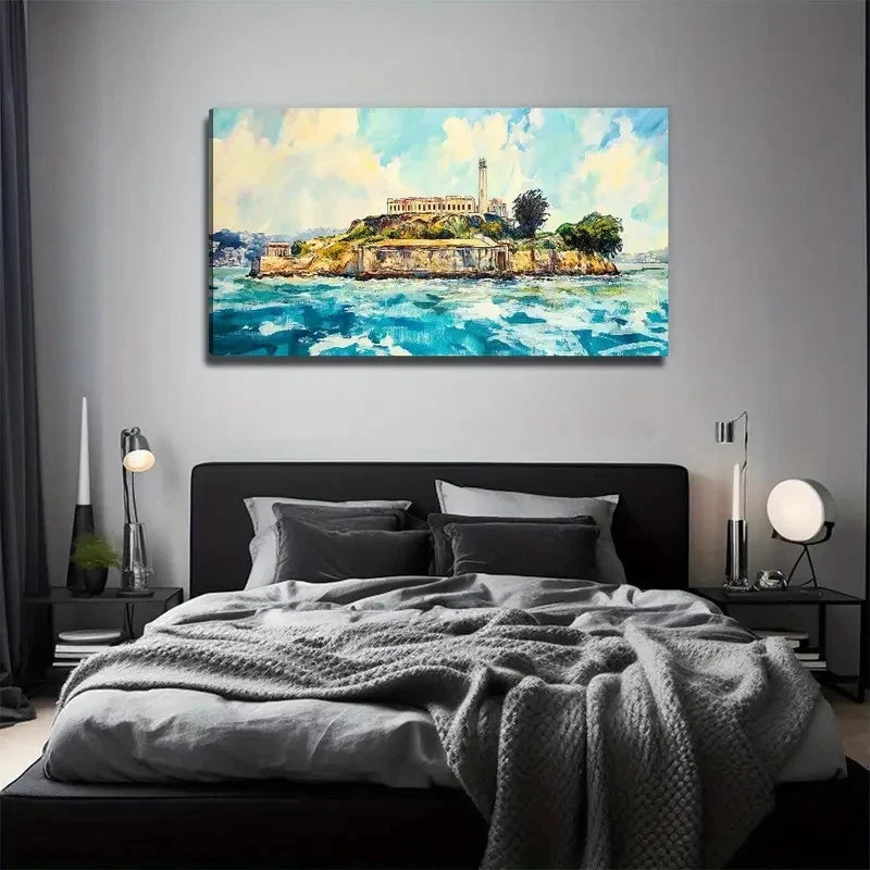 Vibrant Island House Lighthouse Wall Art Canvas Office Home Room Framed 120x60cm