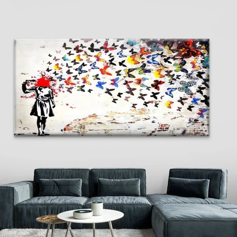 Girl with Butterflies Street Art Canvas Office Home Room Framed 120x60cm