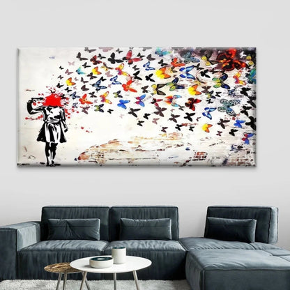 Girl with Butterflies Street Art Canvas Office Home Room Framed 120x60cm