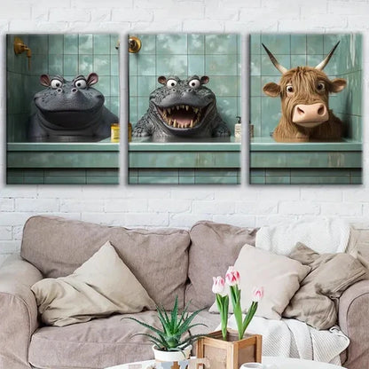 3pcs Fashion Animals Hippopotamus Cow Crocodile Wall Art Set Canvas Unframed - High Quality Print 100% Australian Made Wall Canvas