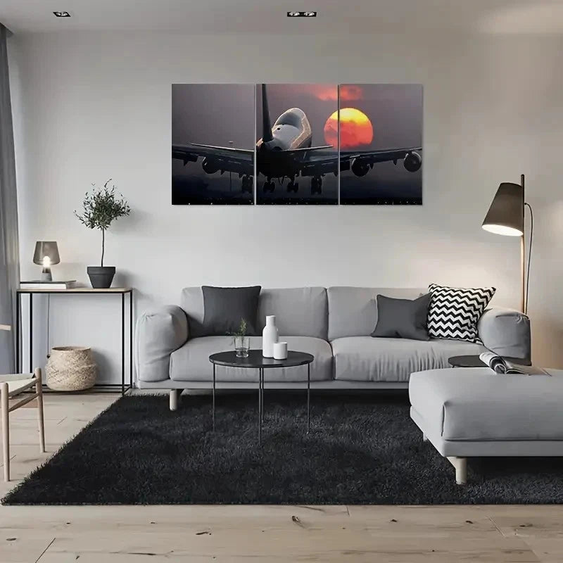 3pcs Airplane Sunset Night Sky Metal Print Ready to Hang Art - Bella Home Decor