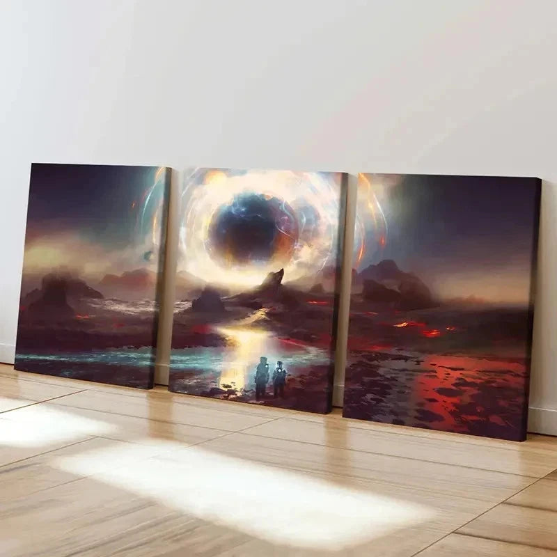 3pcs Alien Planet Mountain Black Hole Wall Art Set Canvas Framed 50x70cm - High Quality Print 100% Australian Made Wall Canvas Ready to Hang - Bella Home Decor