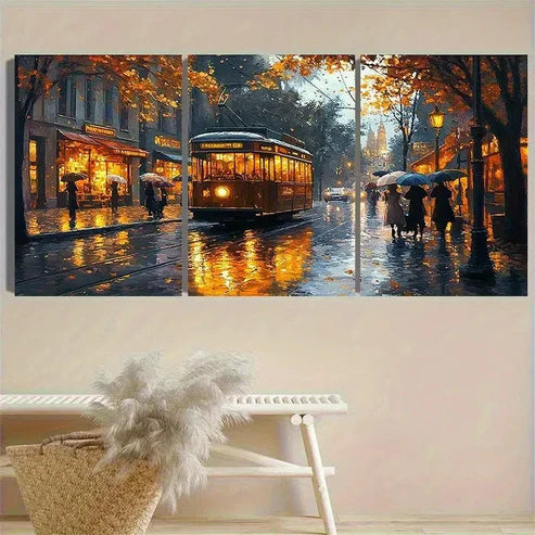 3pcs Vintage Rainy City Street Wall Art Set Canvas Unframed - High Quality Print 100% Australian Made Wall Canvas - Bella Home Decor