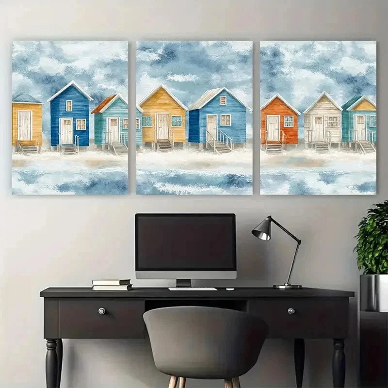 3pcs Beach Cabins Paper Watercolor Sea Perfect Wall Art Set Canvas Framed 50x70cm - High Quality Print 100% Australian Made Wall Canvas Ready to Hang - Bella Home Decor