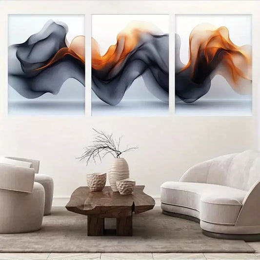 3pcs Black Orange & Gray Swirling Fluid Abstract Wall Art Set Canvas Framed 50x70cm - High Quality Print 100% Australian Made Wall Canvas Ready to Hang
