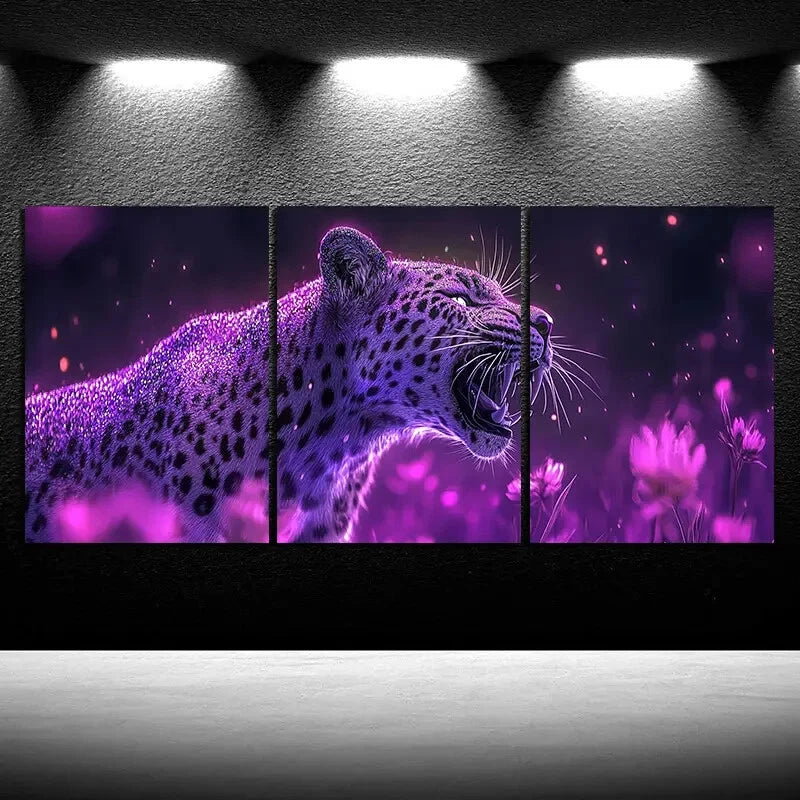 3pcs Purple Leopard Vivid Animal Metal Print Ready to Hang Art - Bella Home Decor