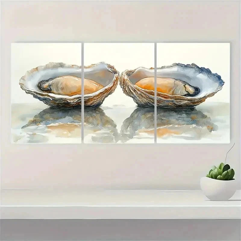 3pcs Oyster Painting Two Oysters EI  Wall Art Set Canvas Framed 50x70cm - High Quality Print 100% Australian Made Wall Canvas Ready to Hang