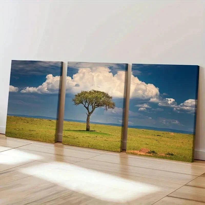 3pcs Blue Sky White Clouds Grassland & Tree Wall Art Set Canvas Framed 40x60cm - High Quality Print 100% Australian Made Wall Canvas Ready to Hang - Bella Home Decor